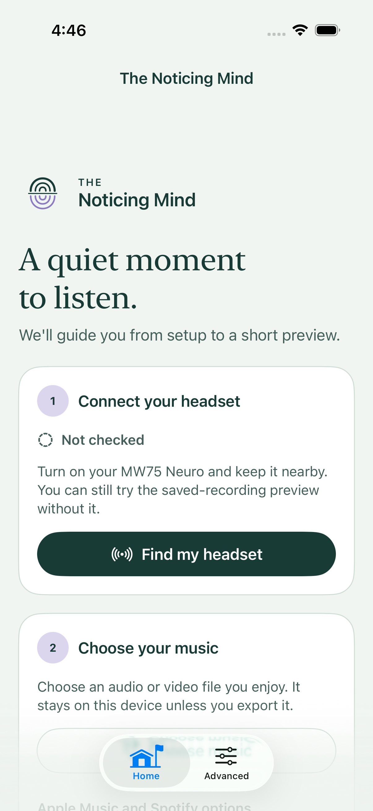 Updated Noticing Mind iOS Home with the reflection logo and guided headset and music setup